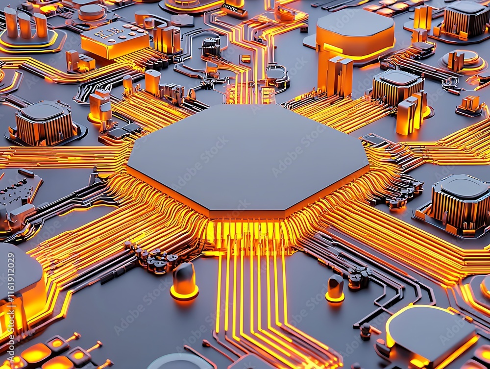 Poster abstract digital technology background featuring glowing orange circuit board with hexagonal center 