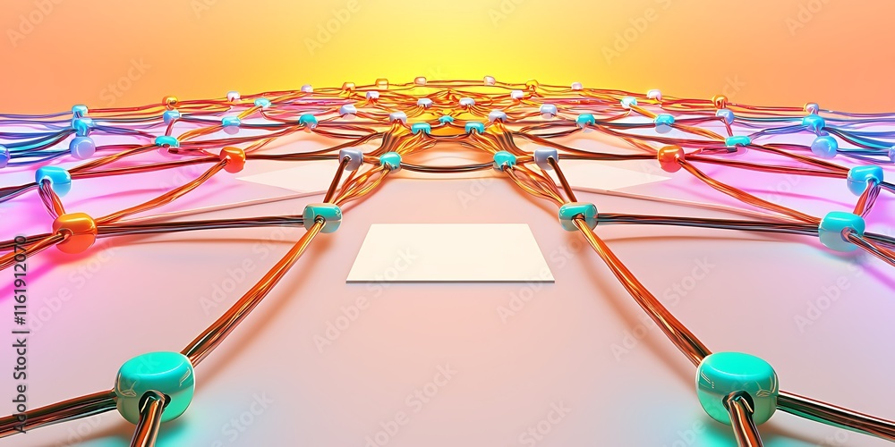 Poster abstract concept of a digital network with colorful nodes and cables depicting connectivity and tech