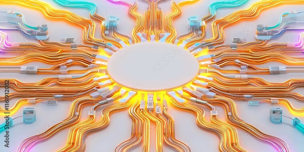 Poster vibrant abstract circuit design with colorful illuminated cables radiating from central disk, repres