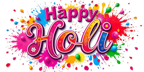 A vibrant and cultural typography design that says "Happy Holi" in colorful splashes of red, blue, green, and yellow, surrounded by water balloons, pichkaris (water guns), and playful expressions.

