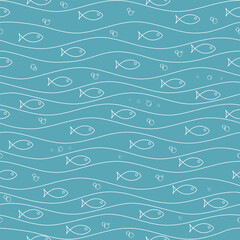 Fish seamless pattern. Blue waves background.