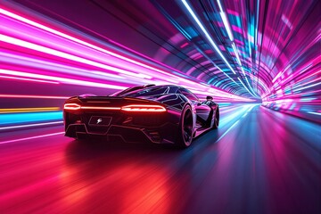Sleek modern car driving through a glowing tunnel with vibrant pink and blue neon lights, showcasing speed, innovation, and futuristic design. Ai generative