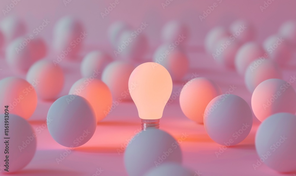 Poster one of lightbulb glowing among shutdown light bulb in dark area with copy space for creative thinkin