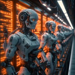 Fototapeta premium Futuristic military soldiers in a high tech factory warehouse setting