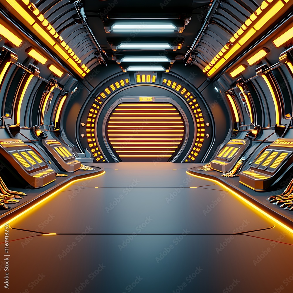 Poster futuristic sci-fi corridor with neon lighting and high-tech control panels for advanced spaceships o