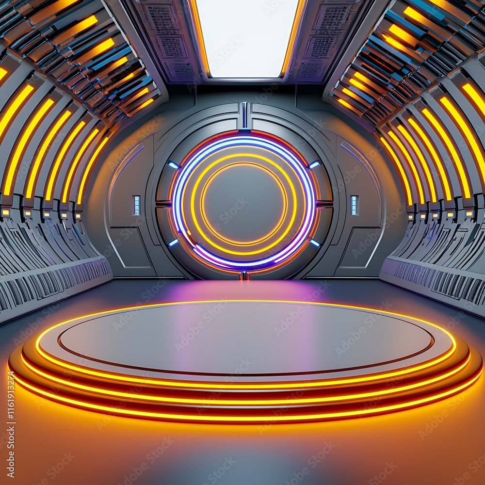 Poster futuristic sci-fi interior design with glowing circular elements and sleek lines, perfect for high-t