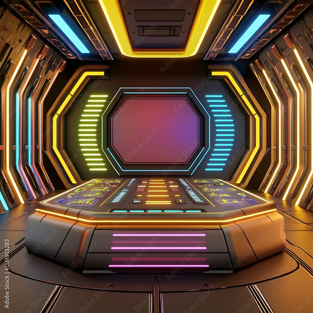 Poster futuristic display room with neon lights and high-tech elements for virtual reality environments and