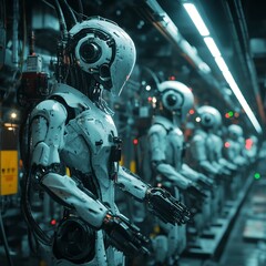 Futuristic Robotic Military on Patrol in Sci Fi Industrial Facility