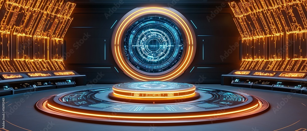 Poster futuristic sci-fi virtual reality interface in a sleek high-tech environment with glowing circular e