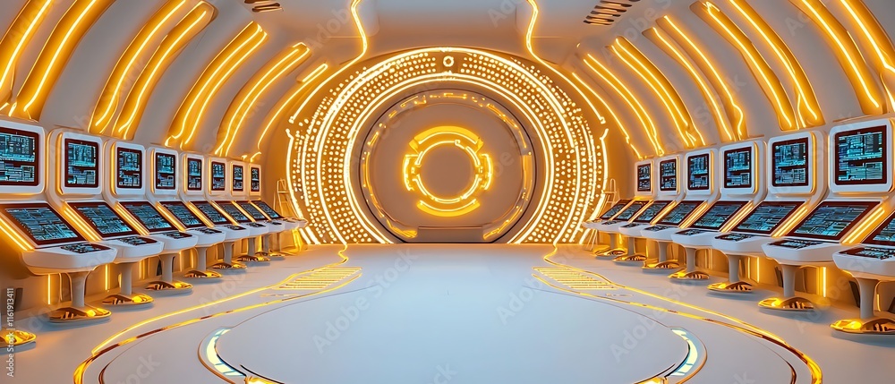 Poster futuristic technology room featuring high-tech computer stations and illuminated circular design wit