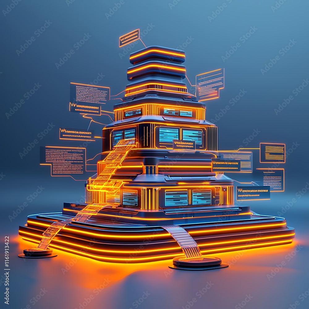Aufkleber futuristic digital structure with neon lights and data displays showcasing advanced architectural de