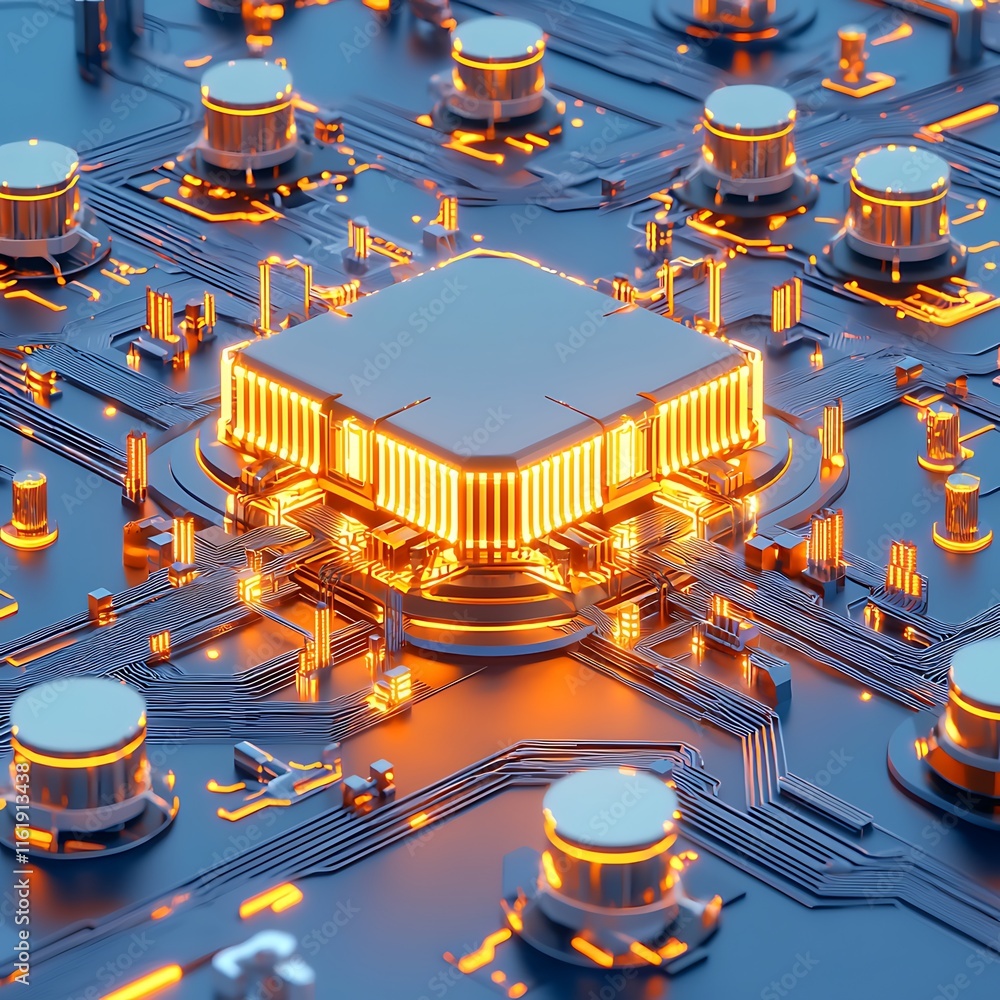 Poster futuristic digital circuit board with glowing microprocessor and complex electrical connections radi