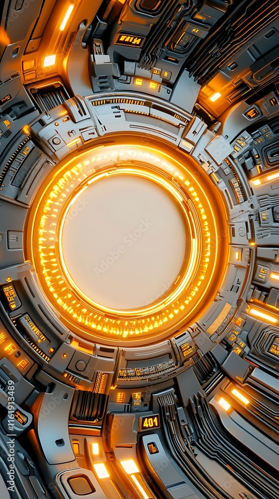 Poster futuristic technology background featuring circles and circuits with bright orange glows and a dark 