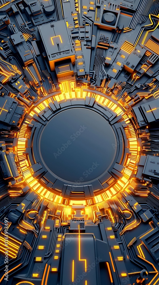 Aufkleber futuristic abstract background with glowing circles and circuit board elements in bright orange and 