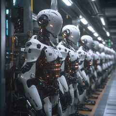 Fototapeta premium Rows of Futuristic Robotic Soldiers Lined Up in Industrial Factory Setting