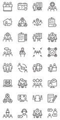 
Meeting set of web icons in line style. Live webinar icons for web and mobile app. Containing conference, business meeting, classroom, team, interview, conference