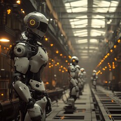 Fototapeta premium Robotic Cyborgs Oversee Futuristic Industrial Factory Production Line