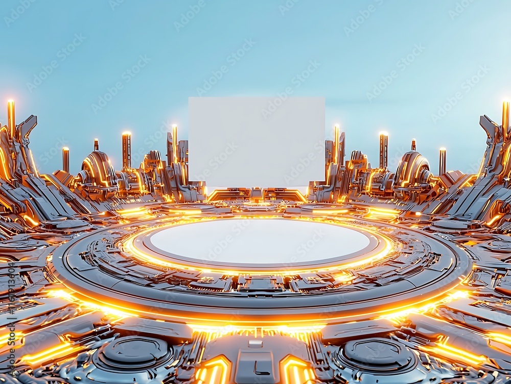 Poster futuristic sci-fi arena with illuminated details and empty center for digital content presentation o