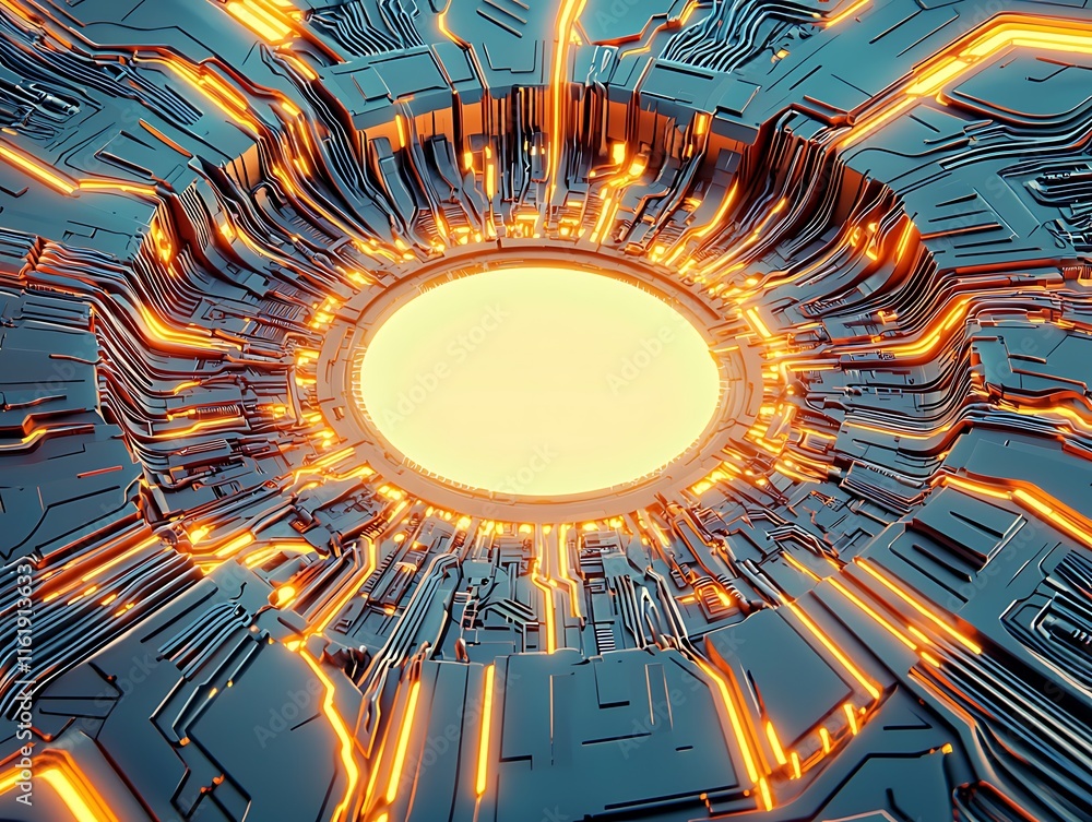 Poster futuristic abstract background with circuits and glowing lines emphasizing a bright center in a tech