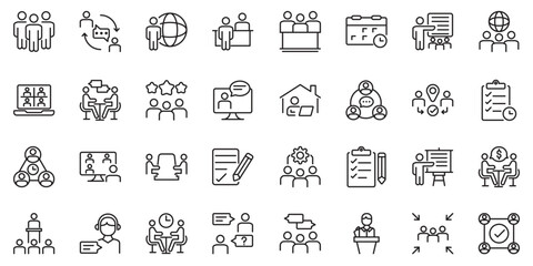 
Meeting set of web icons in line style. Live webinar icons for web and mobile app. Containing conference, business meeting, classroom, team, interview, conference