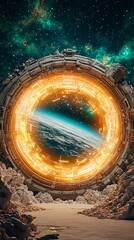 Futuristic Space Portal Overlooking Earth Surrounded by Stars and Cosmic Elements, Radiating Energy in a Mystical Universe Setting