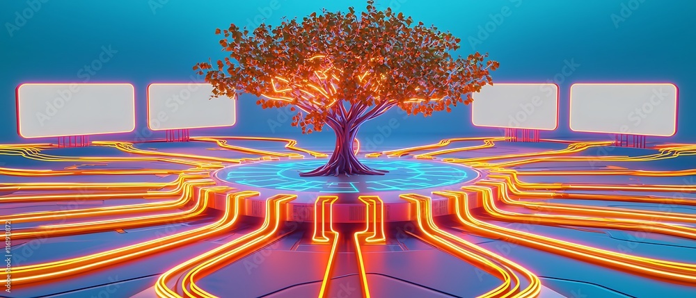 Poster futuristic tree with glowing roots and neon lights in abstract digital environment with blank screen