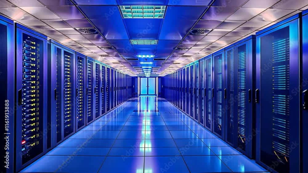 Aufkleber modern data center advanced technology and efficient servers in blue light, showcasing sleek design 