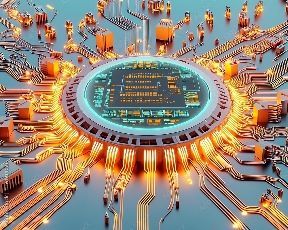 Poster futuristic interface with complex circuit board design and neon lights, representing advanced techno
