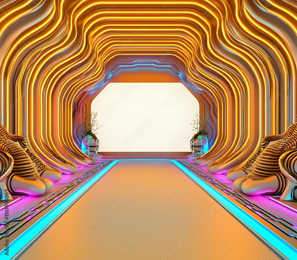 Poster futuristic abstract tunnel with neon lights and organic shapes, illuminated by soft glow, inviting v