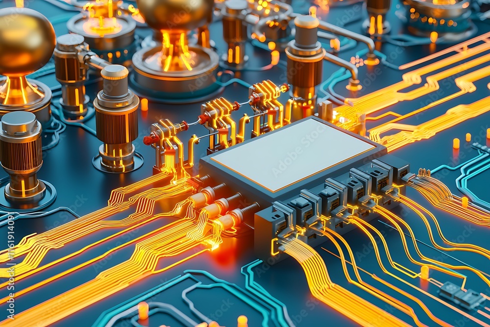 Poster intricate detailed close-up of a modern circuit board with bright illuminated layers and components,