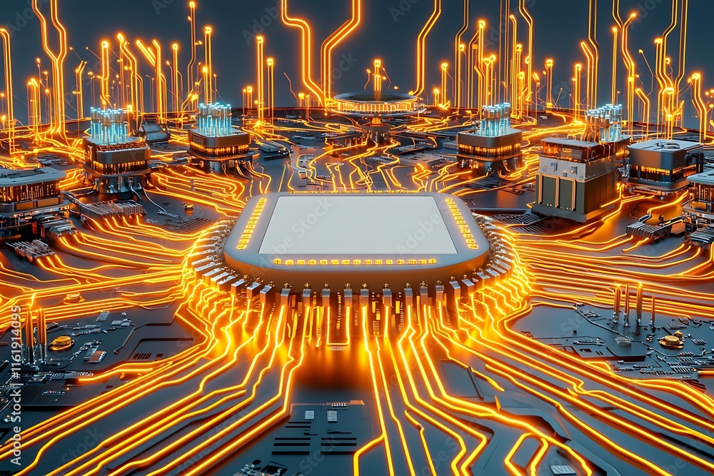 Poster abstract close-up of a futuristic circuit board with vibrant orange lines and complex microchips rep