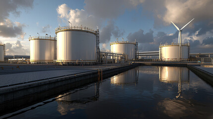 Obraz premium Industrial tanks and a wind turbine are showcased against a cloudy sky, reflecting on a calm body of water, illustrating energy storage and sustainability.