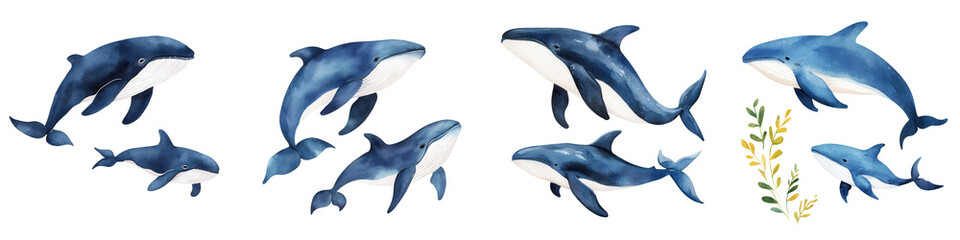 Obraz premium Mother day element, Mother and baby whales swimming together in serene ocean scene, isolated on transparent background.