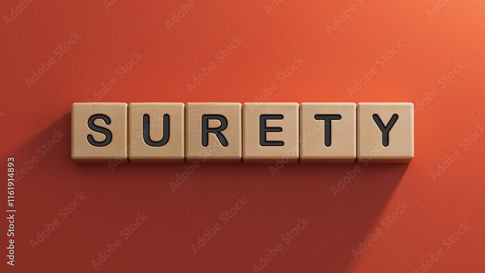 Poster wooden cube block with surety business word.close up of wooden elements,business concept.3d renderin