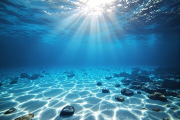 Fototapeta premium Underwater view of sunlight rays penetrating the blue ocean, illuminating a rocky seabed. Peaceful marine concept. Ai generative