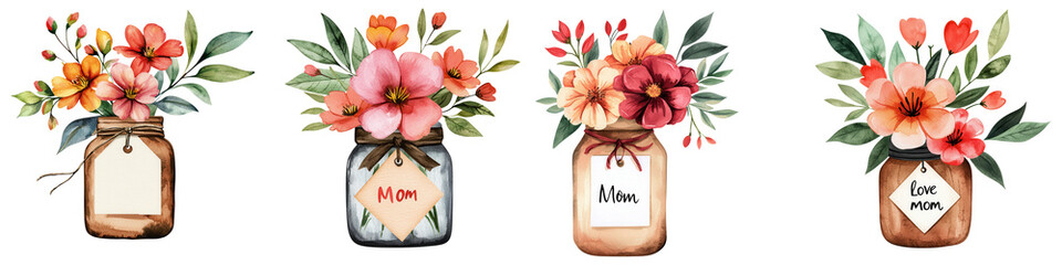 Mother day element, Colorful floral jars with tags for Mom, perfect for gifts and decor, isolated on transparent background.