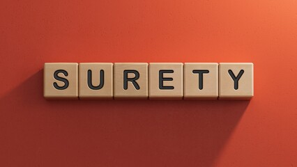 wooden cube block with SURETY business word.close up of wooden elements,Business Concept.3D rendering on red background.