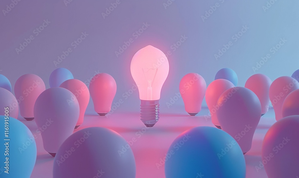 Poster one of lightbulb glowing among shutdown light bulb in dark area with copy space for creative thinkin