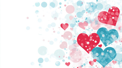 Colorful hearts and bubbles create whimsical Valentine Day background, featuring red and blue hearts with playful, romantic theme