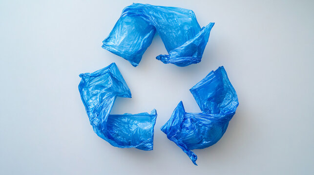 The image features blue plastic wraps arranged in a circular recycling symbol, highlighting the theme of recycling and waste management.