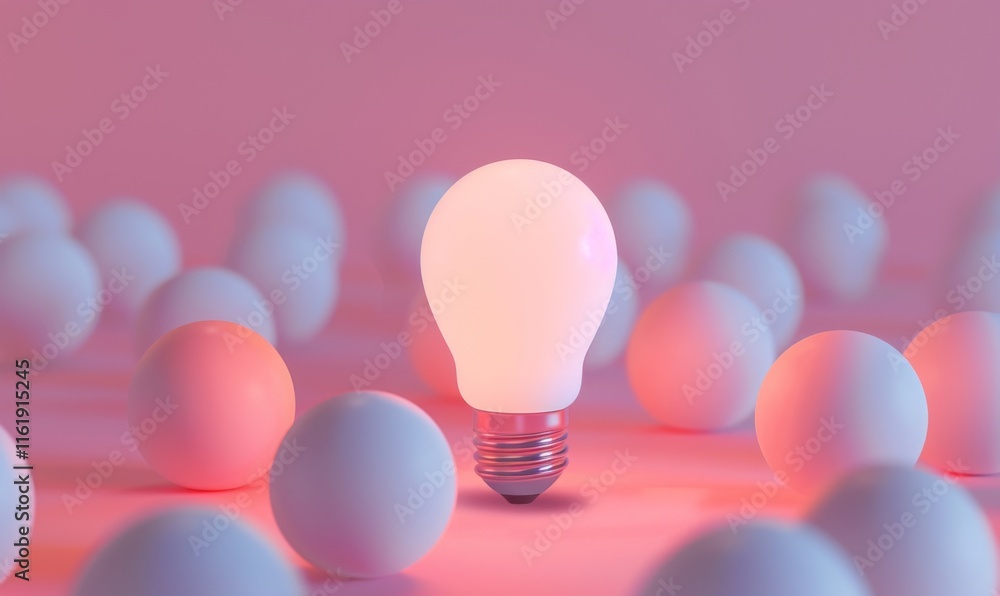 Poster one of lightbulb glowing among shutdown light bulb in dark area with copy space for creative thinkin