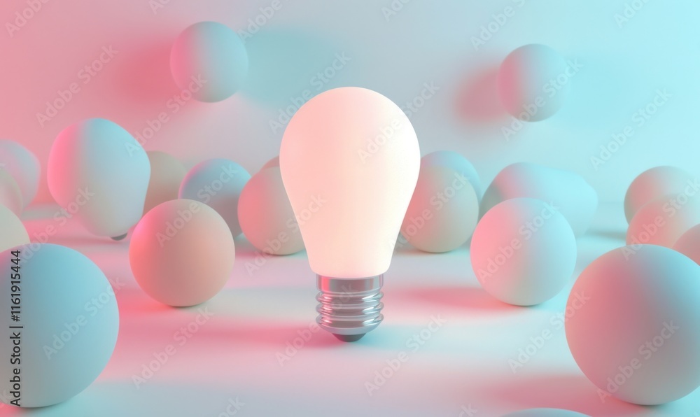Poster one of lightbulb glowing among shutdown light bulb in dark area with copy space for creative thinkin