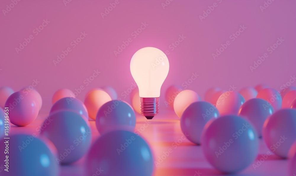 Poster one of lightbulb glowing among shutdown light bulb in dark area with copy space for creative thinkin