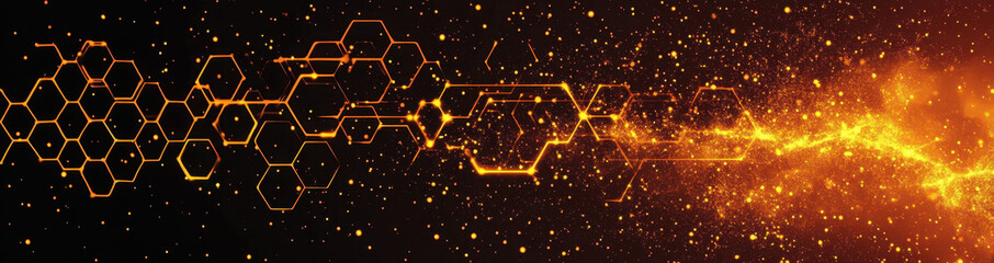 Obraz premium Golden hexagons form rich geometric design against dark background, creating dynamic and futuristic visual with glowing particles