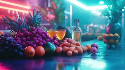 A futuristic metallic countertop with vividly colored fruits and vegetables, sleek and shiny surfaces reflecting soft neon lighting, modern and clean aesthetic