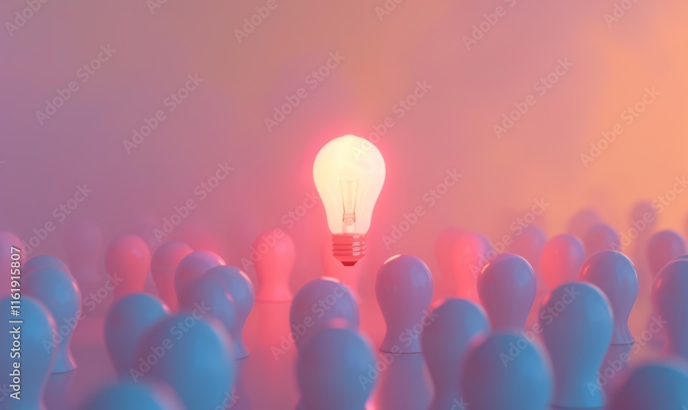Poster one of lightbulb glowing among shutdown light bulb in dark area with copy space for creative thinkin