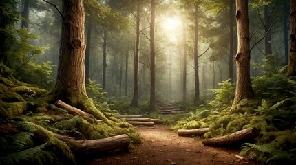 Obraz premium Wooden Pathway Winding Through a Dense Forest