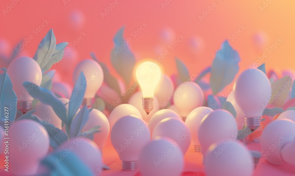 Poster one of lightbulb glowing among shutdown light bulb in dark area with copy space for creative thinkin