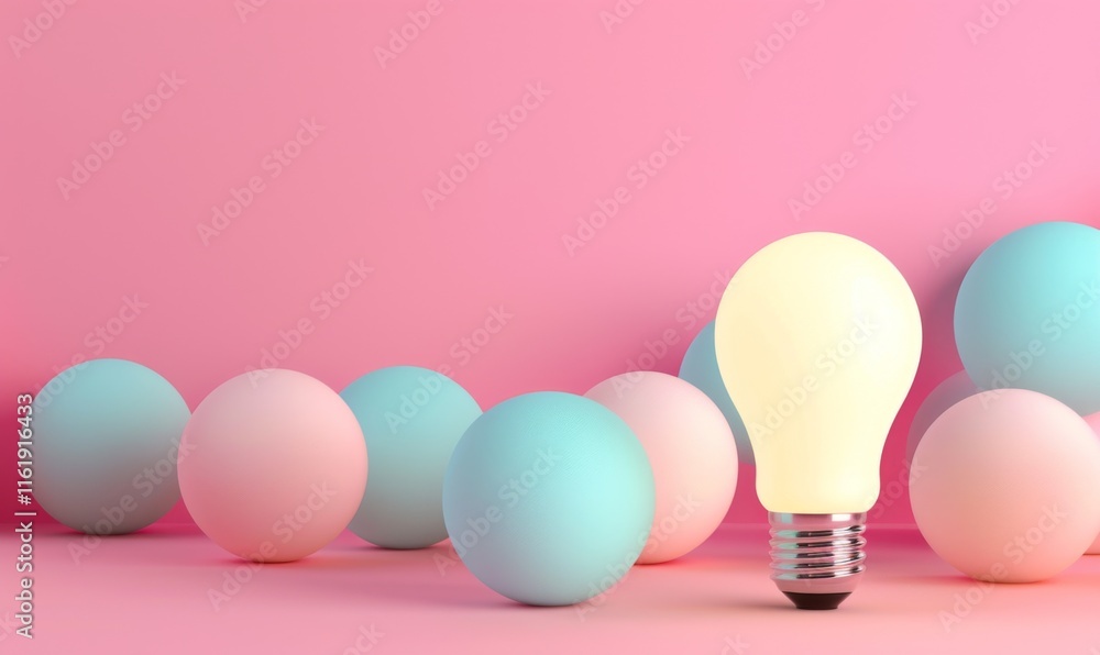 Poster one of lightbulb glowing among shutdown light bulb in dark area with copy space for creative thinkin