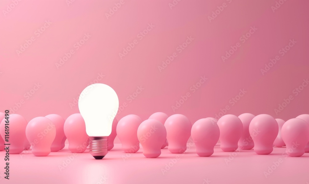 Poster one of lightbulb glowing among shutdown light bulb in dark area with copy space for creative thinkin